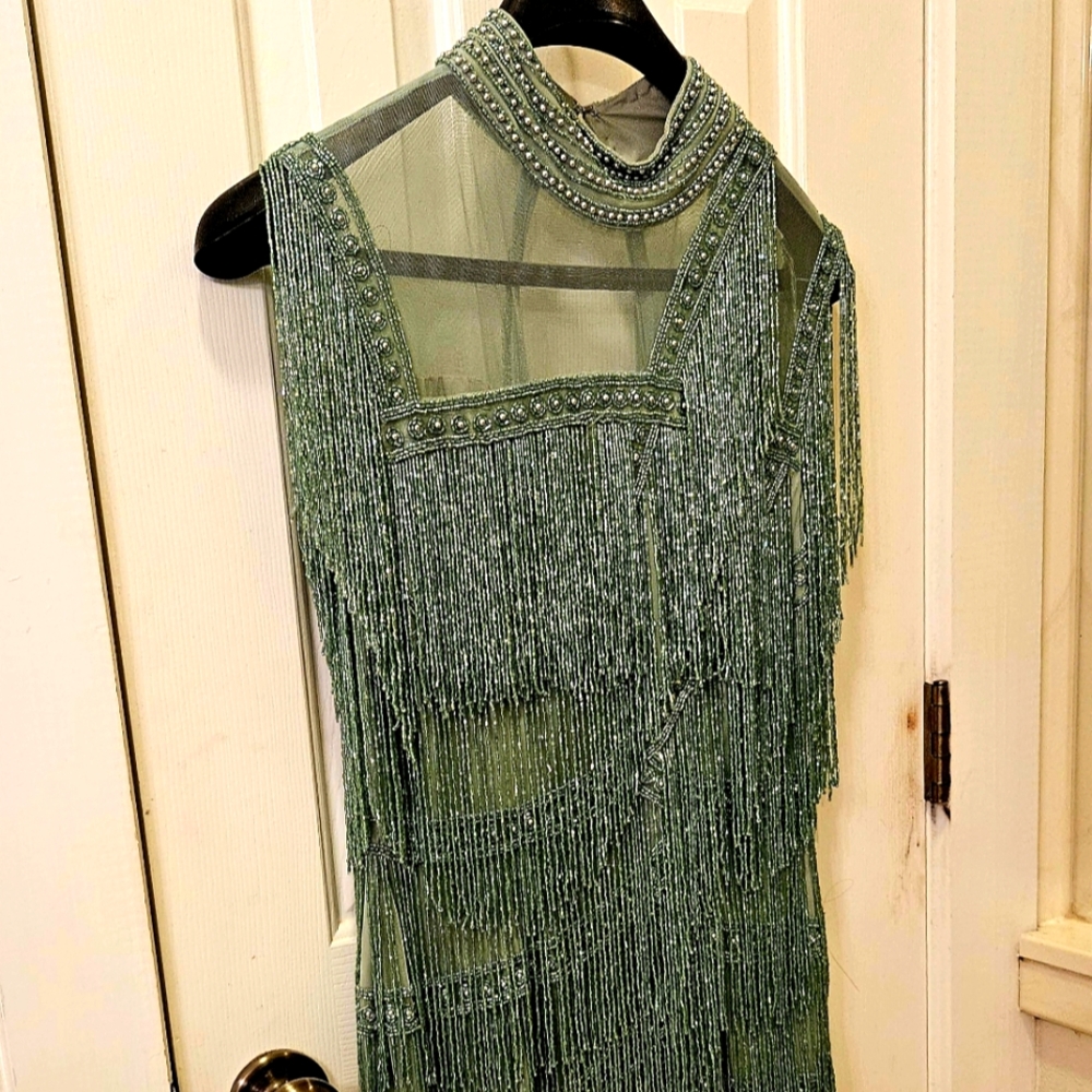 Fringe party dress with green sequin tassels.